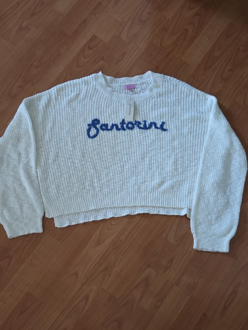 Francesca's White Knit Sweater with Santorini Blue Script
